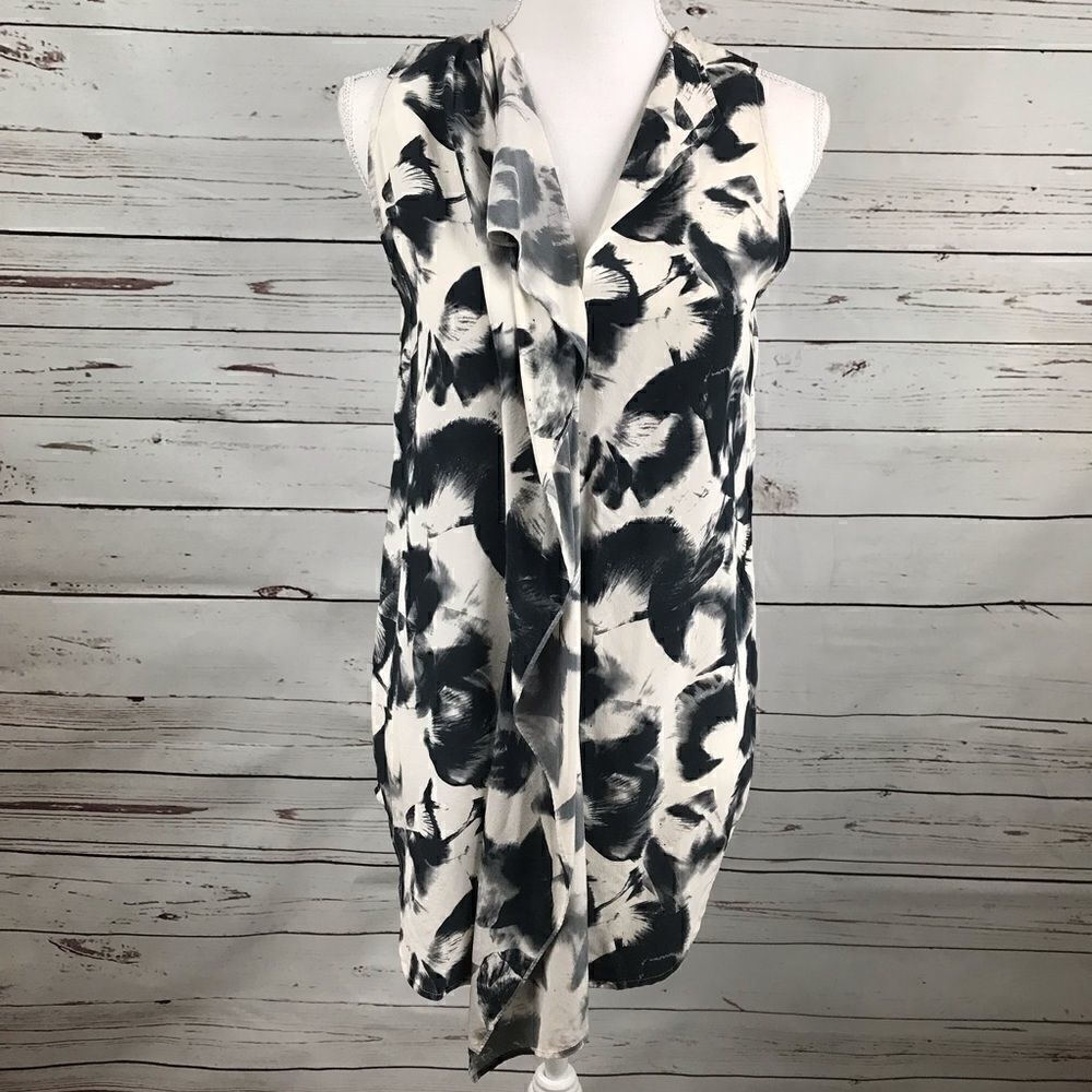 Leith Black White Floral Sleeveless 100% Silk tank
